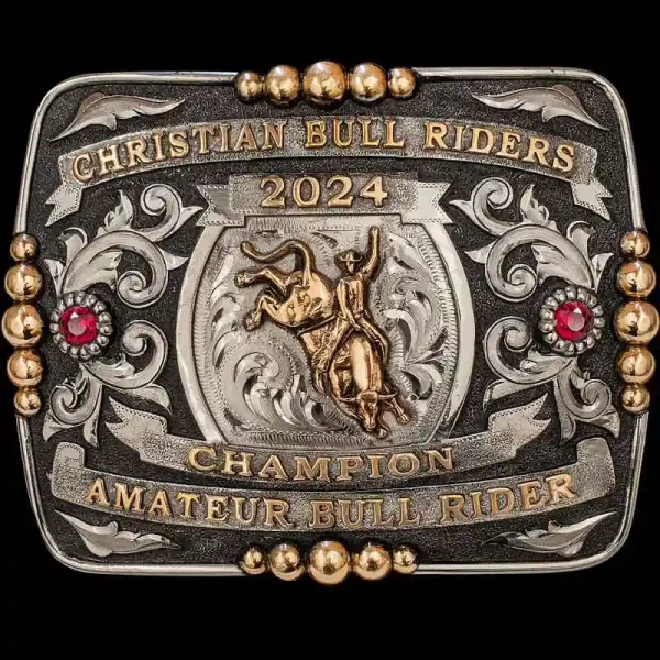 Let's hear a "Yee-haw!" for the Lancaster Belt Buckle. This beautiul custom trophy buckle is built on a matted square base, with amazing silver scrolls and large bronze beads. Personalize it today! 